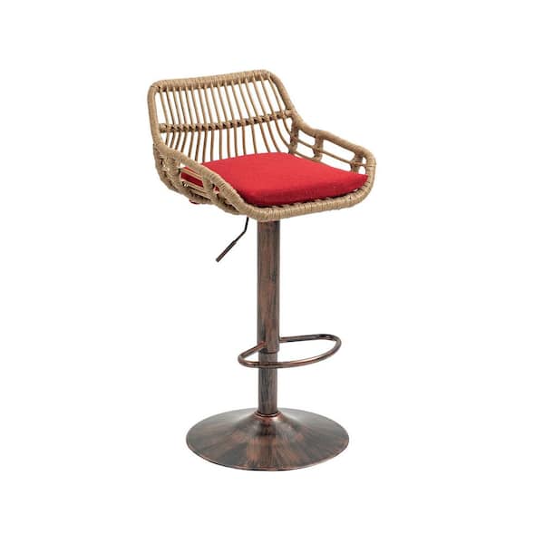 2-Piece Metal Adjustable Counter Height Outdoor Bar Stools with Red Cushions, Footrest