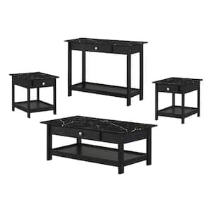 Dingo 4-Piece 41.75 in. Black Rectangle Faux Marble Coffee Table Set with Drawers and Shelves