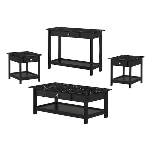 Furniture of America Dingo 4-Piece 41.75 in. Black Rectangle Faux Marble Coffee Table Set with Drawers and Shelves