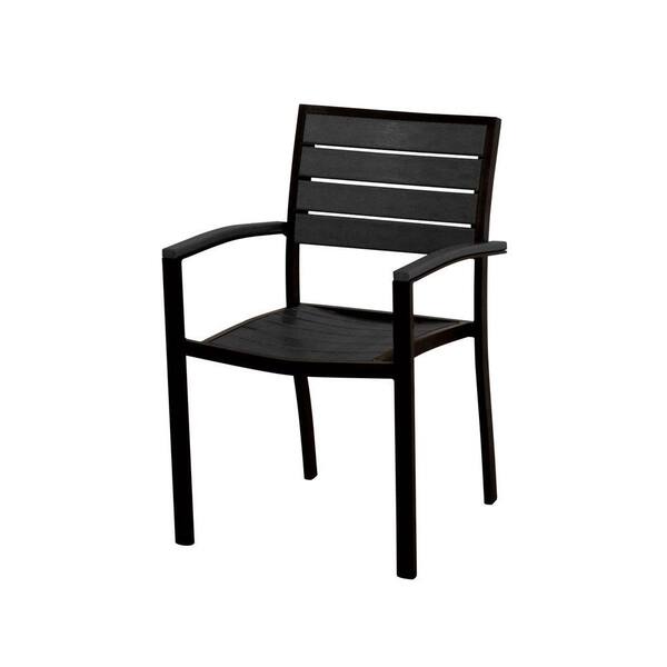 POLYWOOD Euro Textured Black All-Weather Aluminum/Plastic Outdoor Dining Arm Chair in Black Slats