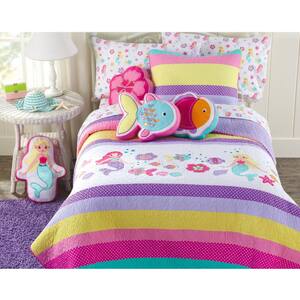 Floral Mermaid Striped Rainbow Fish Polka Dot 3-Piece Embroidered Patchwork Pink Purple Cotton Queen Quilt Bedding Set