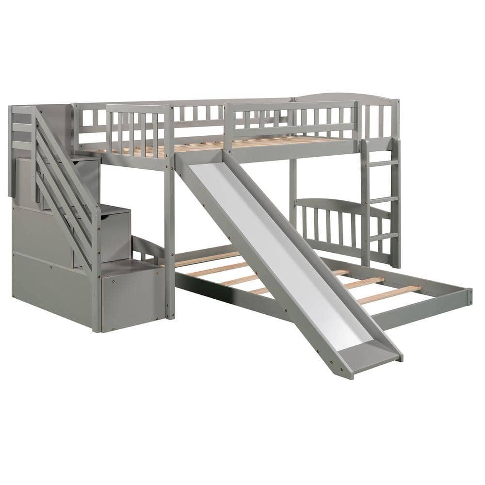 URTR Stairway Gray Twin Over Twin Bunk Bed Frame with Slide and Storage ...