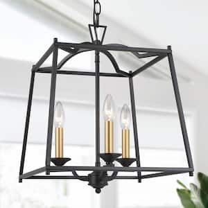 Farmhouse 3-Light Lantern Black Chandelier with Gold Candle