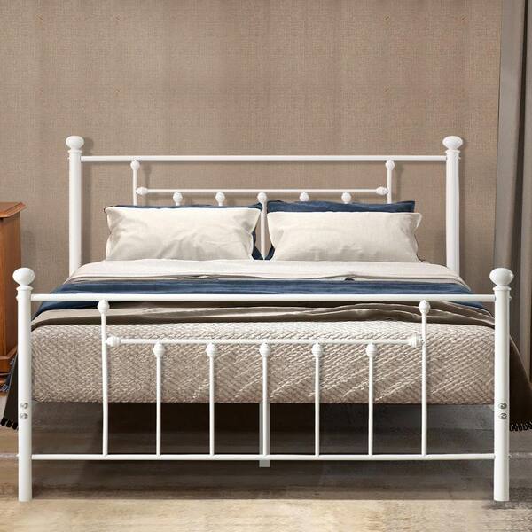 60 in. W White Queen size Classic Metal Platform Bed Frame with Victorian  Style Iron-Art Headboard/Footboard Storage