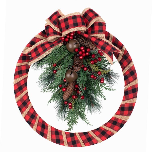 Haute Decor 18 in. Unlit Artificial Homespun Wreath Buffalo Check with Pinecones