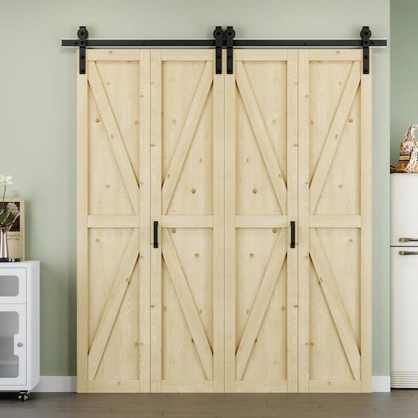 72 in. x 84 in. Paneled Pine Wood Solid Core Unfinished K Shape Composite Bi-fold Door with Bifold Barn Door Hardware