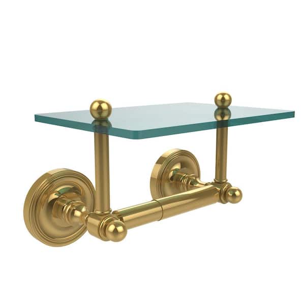 Allied Brass Prestige Regal Collection Double Post Toilet Paper Holder with Glass Shelf in Unlacquered Brass