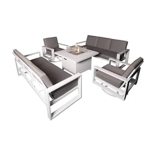 Aluminum Patio Conversation Set with White 41.34 in. Fire Pit Table, Gray Cushion Sofa Set - 2 Swivel+2x3Seater