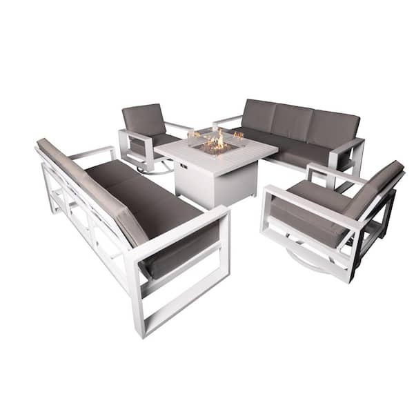 PATIOPTION Aluminum Patio Conversation Set with White 41.34 in. Fire Pit Table, Gray Cushion Sofa Set - 2 Swivel+2x3Seater