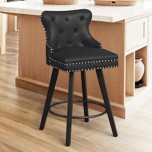 Apollo 27 in. Counter Stool Black Faux Leather Upholstered Button Tufted Swivel Bar Stool with Solid Wood Frame