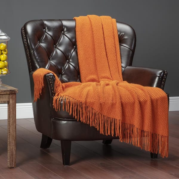CHANASYA Textured Knit Orange Acrylic Throw Blanket with Tassels, 50 x 65 in.