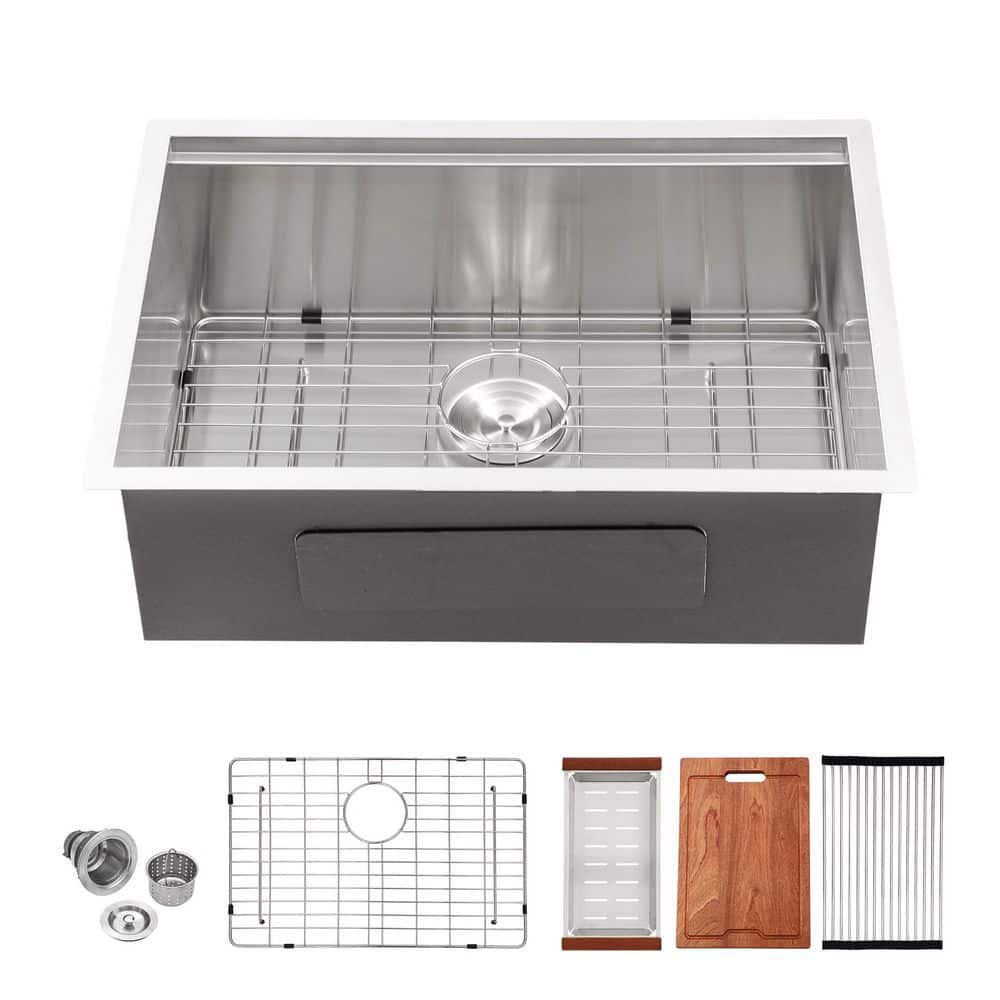 28 in. Undermount Single Bowl 16-Gauge Brushed Nickel Stainless Steel Workstation Kitchen Sink with Bottom Grid price history on PriceWatchPro