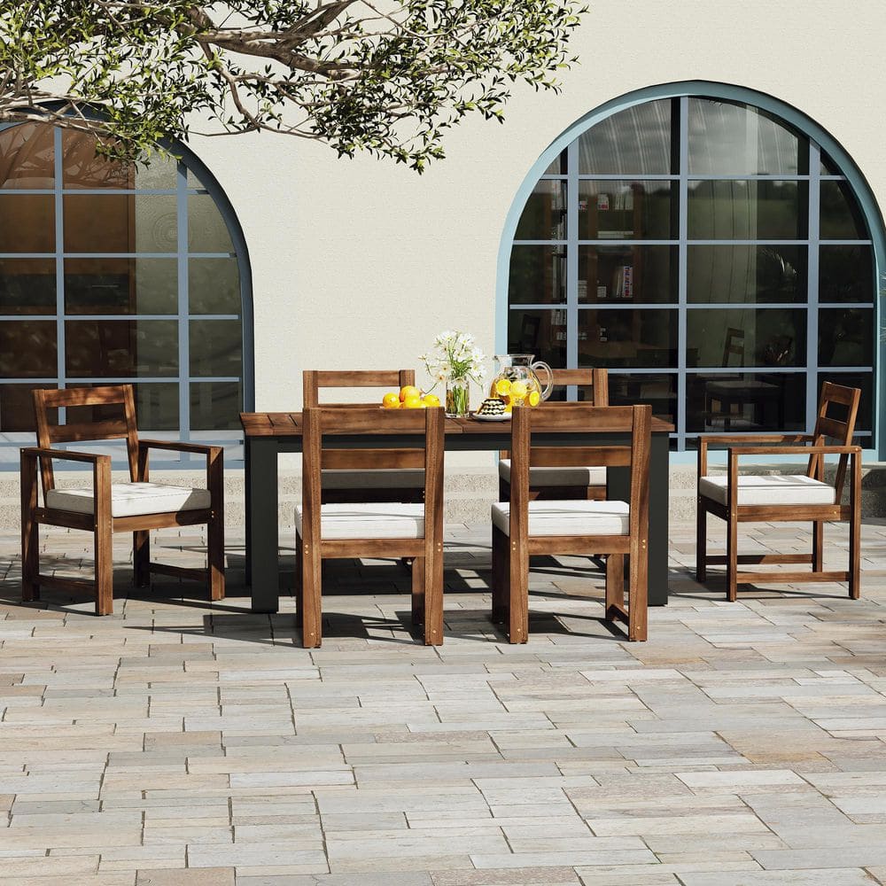 Mocha 7-Piece Wood Outdoor Dining Set with Beige Cushions and Umbrella Hole