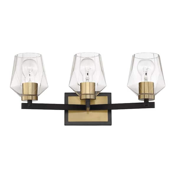 Avante Grand 20.5 in. 3 Light Flat Black/Satin Brass Finish Vanity Light with Clear Facetted Glass Shade