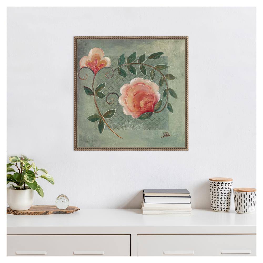 Beaded Bronze Framed Floral Green Canvas Wall Art