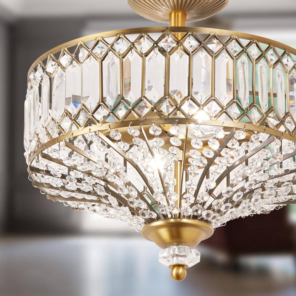 Hollywood Glam 17" Gold Metal & Beveled Jeweled Glass Drum LED Light