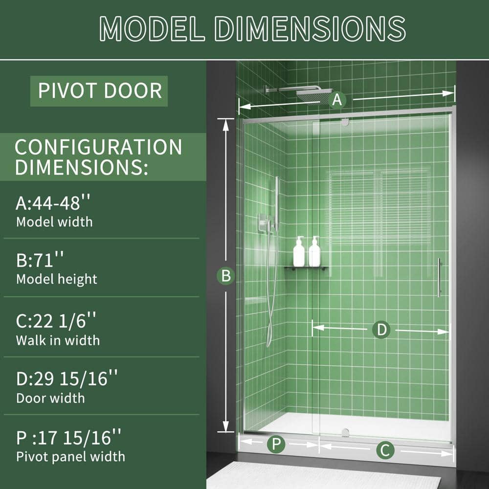 48 in. Chrome Semi-Frameless Pivot Shower Door with Clear Glass