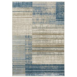 Brooker Blue/Beige 5 ft. x 8 ft. Distressed Geometric Stripe Recycled PET Yarn Indoor Area Rug