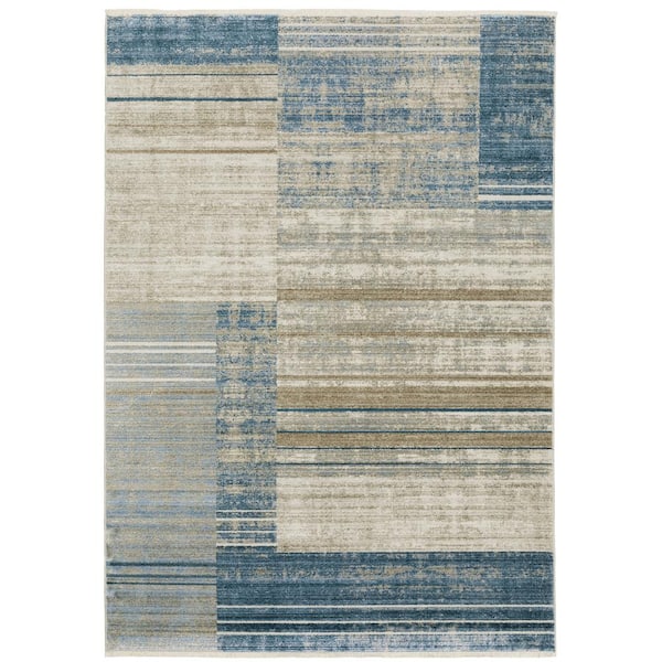 Brooker Blue/Beige 8 ft. x 11 ft. Distressed Geometric Stripe Recycled PET Yarn Indoor Area Rug