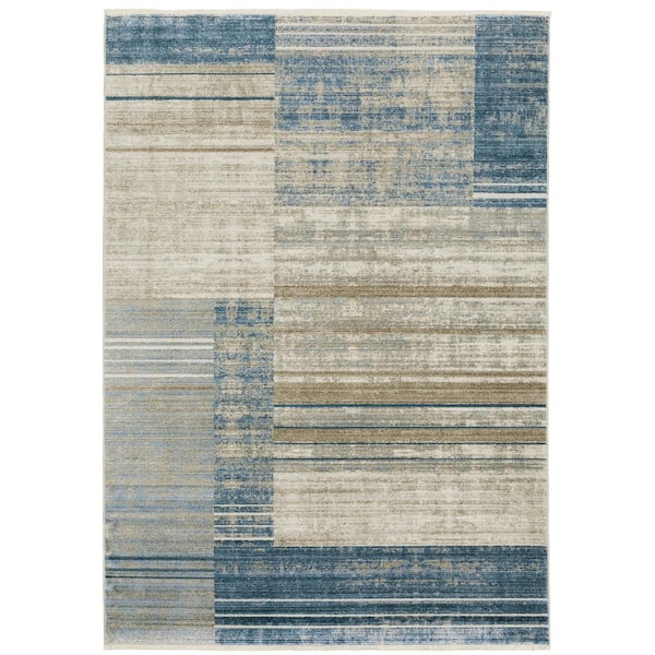 AVERLEY HOME Brooker Blue/Beige 8 ft. x 11 ft. Distressed Geometric Stripe Recycled PET Yarn Indoor Area Rug