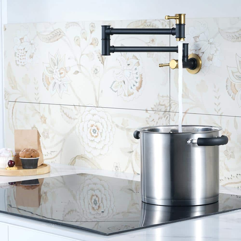 Black and Gold Brass Wall Mount Folding Pot Filler Faucet