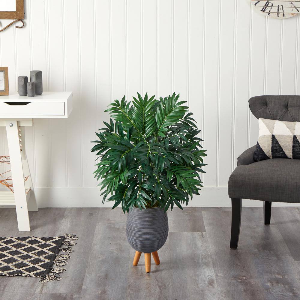 Nearly Natural 3 ft. Artificial Bamboo Palm Plant in Gray Planter with ...