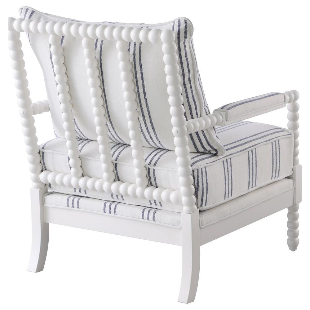 White Linen Barrel Accent Chair with Spindle Wood Frame