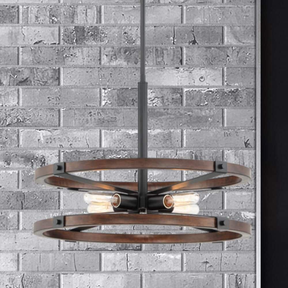 60-Watt 4-Light Black Industrial Pendant Light with Painted Wood Accent Shade and No Bulbs Included price history on PriceWatchPro