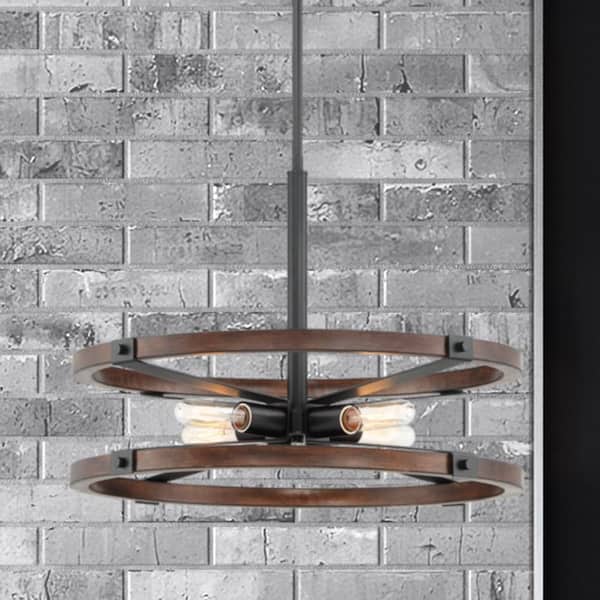 Cordelia Lighting 60-Watt 4-Light Black Industrial Pendant Light with Painted Wood Accent Shade and No Bulbs Included