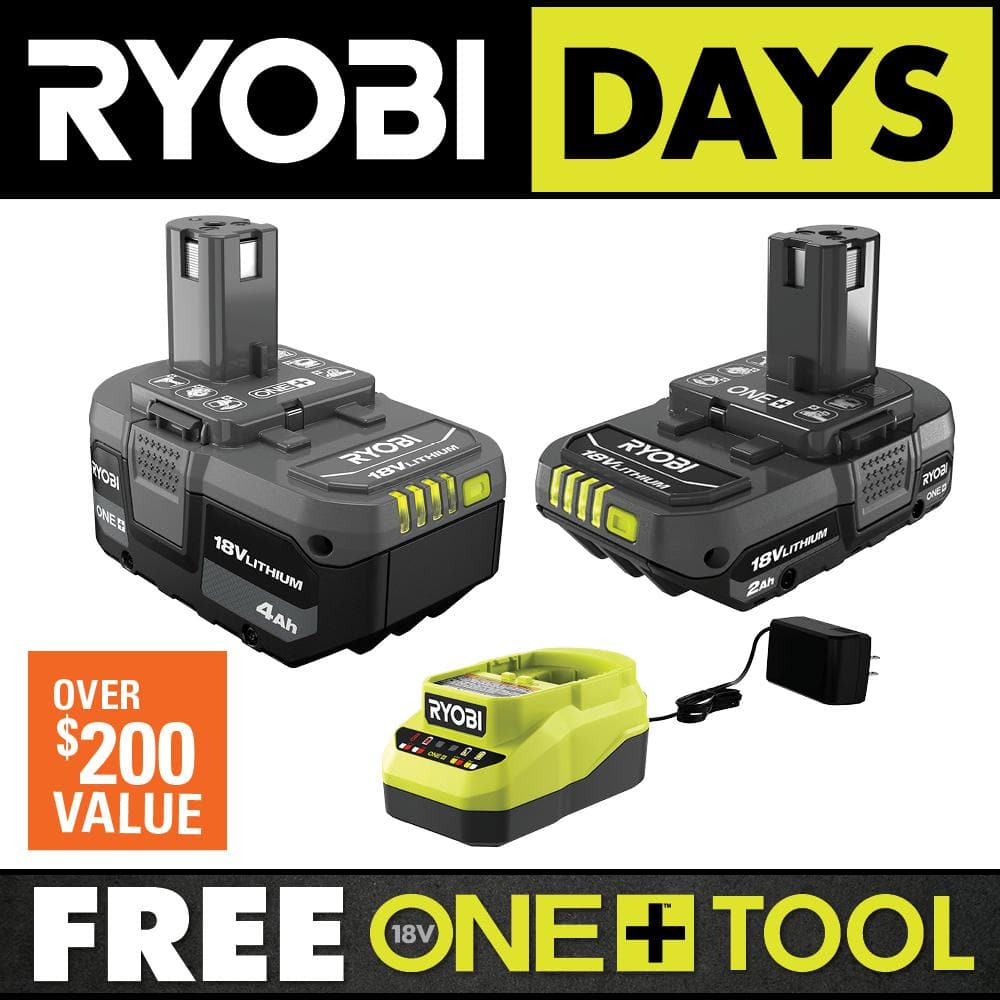 RYOBI ONE+ 18V Lithium-Ion Starter Kit with 2.0 Ah Battery, 4.0 Ah ...