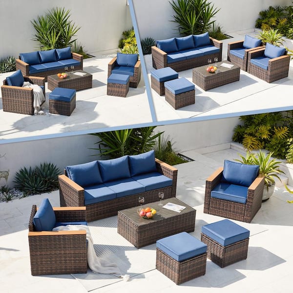 Tenleaf 6-Piece Brown Wicker Patio Conversation Set with Blue Cushions