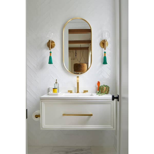 Essential 18 in. W x 36 in. H Oval Framed Wall Mount Bathroom Vanity Mirror in Moderne Brushed Gold
