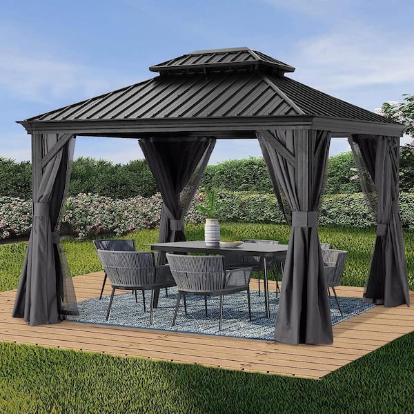 10 ft. x 12 ft. Gray Hardtop Patio Gazebo Galvanized Steel Double Roof Aluminum Pavilion with Netting and Curtain