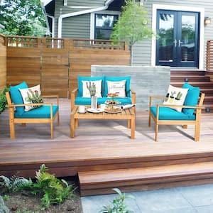 Brown 4-Pieces Wood Patio Conversation Set with Blue Cushions