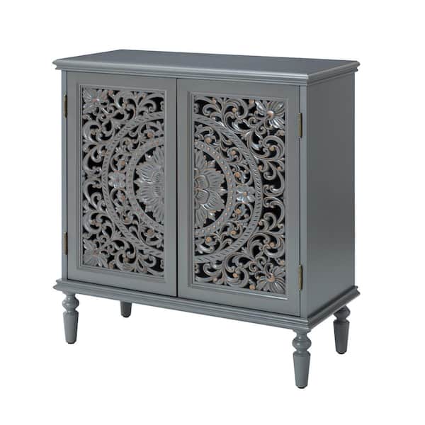 JAYDEN CREATION Herculaneum Traditional Grey 32 in. Tall 2-Door Accent Cabinet with Cut-out Floral Design