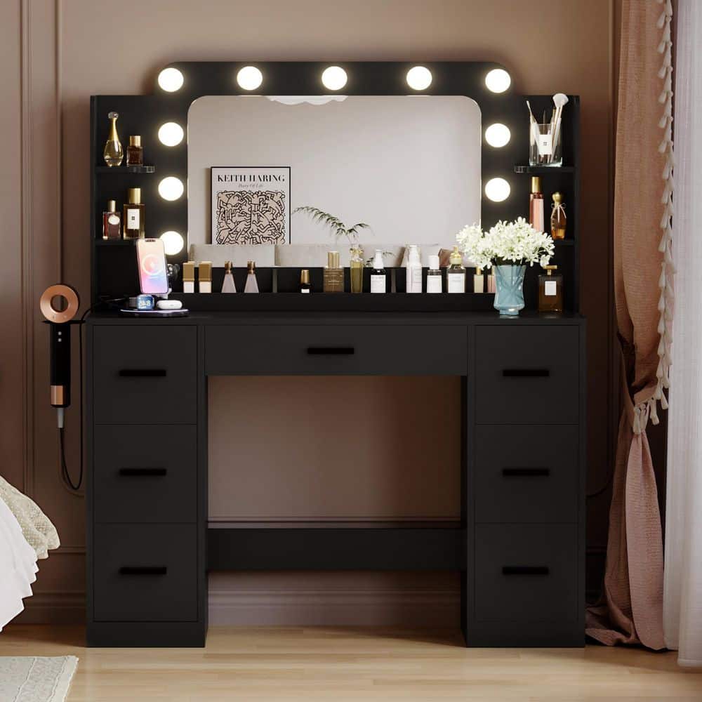 Vanity Desk with Large Lighted Mirror, Power Outlet and 11 Lights, Makeup Vanity Table with 7 Drawers Black price history on PriceWatchPro