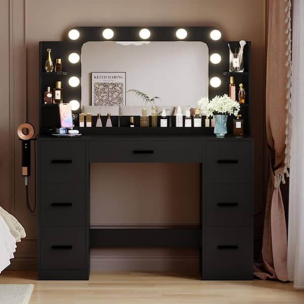 Vanity Desk with Large Lighted Mirror, Power Outlet and 11 Lights, Makeup Vanity Table with 7 Drawers Black