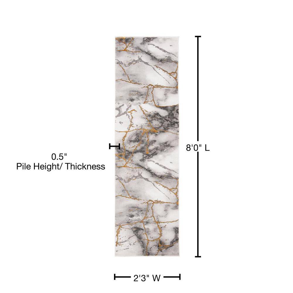 Elegant Abstract Gray and Gold 2' x 8' Synthetic Runner Rug