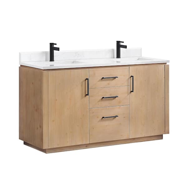 San 60 in.W x 22 in.D x 33.8 in.H Double Sink Bath Vanity in Fir Wood Brown with White Composite Stone Top