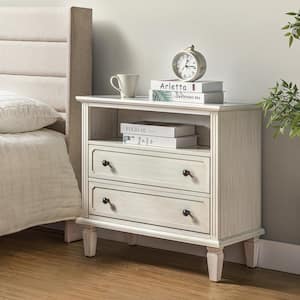 Juiien Traditional Farmhouse Solid Wood 2 Drawers Storage Nightstand with Charging Station and Adjustable Legs - White
