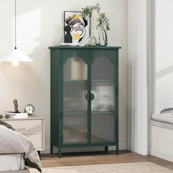 Unbranded 25.99 in. W x 13.39 in. D x 42.72 in. H Ready to Assemble Floor Kitchen Cabinet in Green with Glass Doors