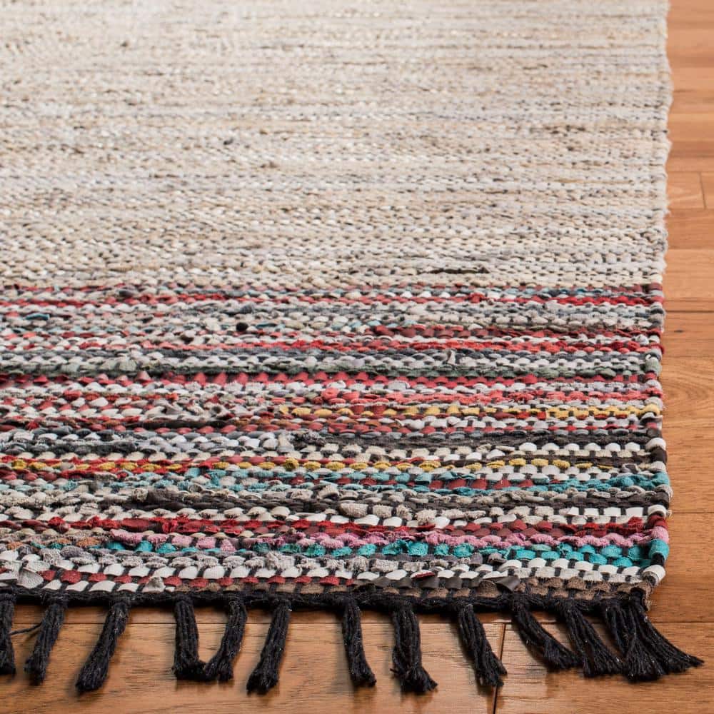 Vintage Beige and Multicolor Handwoven Leather Area Rug 4' x 6'