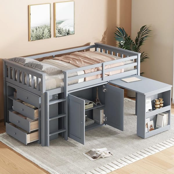 Lloyd Gray Twin Size Loft Bed with Pull-Out Desk and Storage Cabinets, Ladder, Drawers