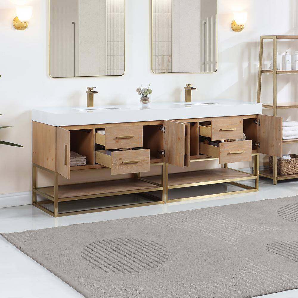 Bianco 84" Light Brown Wood Vanity with Composite Stone Top
