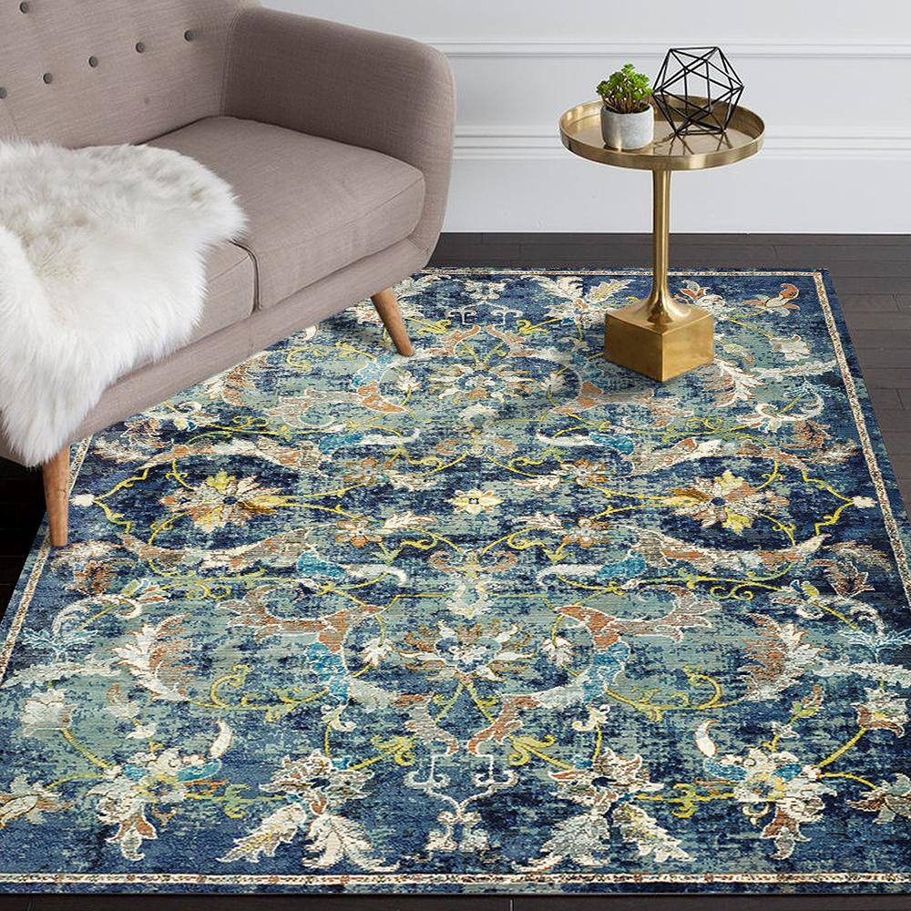 Elegant Navy & Blue 4' x 6' Reversible Oriental Synthetic Rug