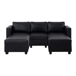 87.01 in. W Faux Leather Sofa with Double Ottoman Streamlined Comfort for Your Sectional Sofa in Black