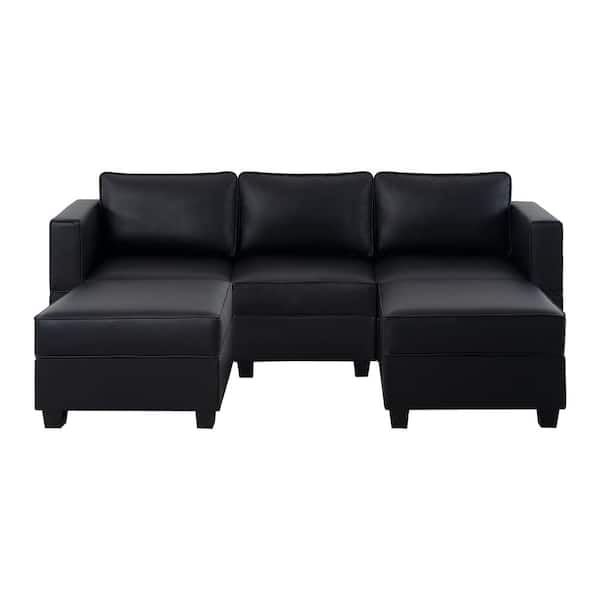 HOMESTOCK 87.01 in. W Faux Leather Sofa with Double Ottoman Streamlined Comfort for Your Sectional Sofa in Black