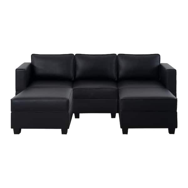 MAYKOOSH 87.01 in. W Black Faux Leather 1 Piece Sectional Sofa with Storage and Double Ottoman 3-Seater Living Room Suite