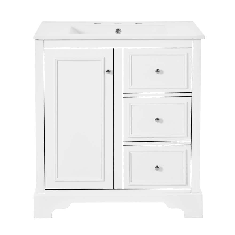 30 in. W Single Sink Bath Vanity in White with White Ceramic Top, 3-Drawers and Adjustable Shelf Unassembled price history on PriceWatchPro