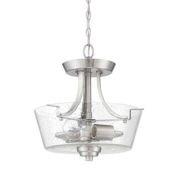 CRAFTMADE Grace 13 in. 2-Light Brushed Polished Nickel Convertible Semi-Flush Mount with Seeded Glass Shade and No Bulbs Included